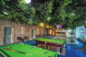 Una mesa de billar con bolas, una mesa de pool y una pequeña mesa de billar en una habitación con paredes de ladrillo y follaje colgante.
