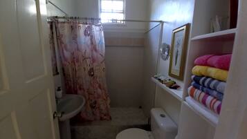 A small bathroom with a toilet, sink, and a shower curtain with a sea life pattern. There is a window above the shower, and a shelf with folded towels.