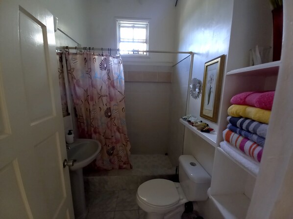 Un baño pequeño con inodoro, lavamanos y cortina de ducha con motivos marinos. Hay una ventana sobre la ducha y un estante con toallas dobladas.