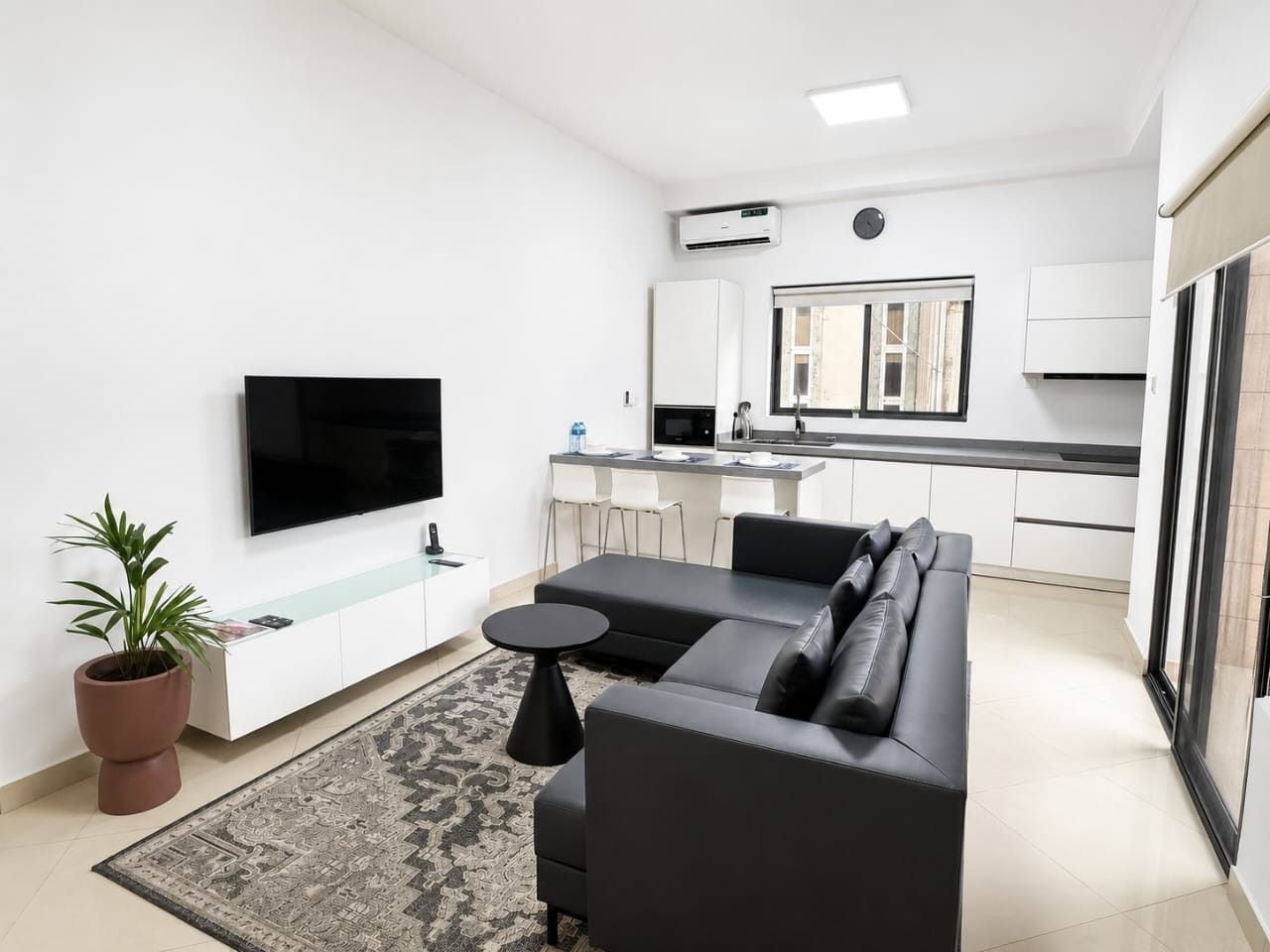 A modern living room with a black sofa, a flat-screen TV, a potted plant, and a patterned rug.