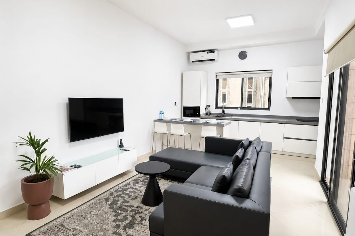 A modern living room with a black sofa, a flat-screen TV, a potted plant, and a patterned rug.