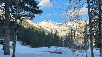 Un paysage enneigé avec un mur de pierre, un banc en bois et une montagne en arrière-plan.