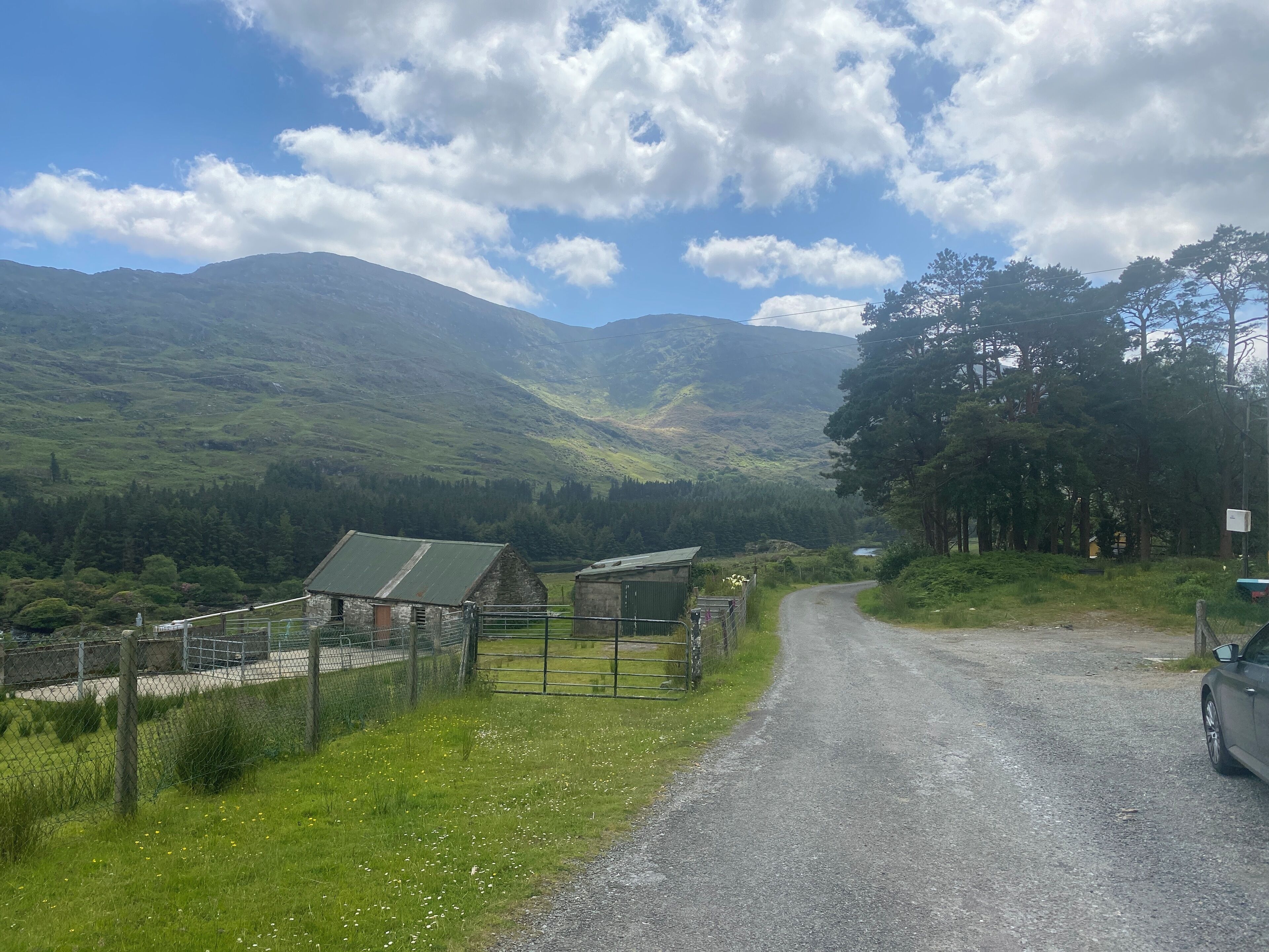 Uma estrada rural leva a um edifício de pedra com telhado verde, cercado por vegetação exuberante e montanhas.