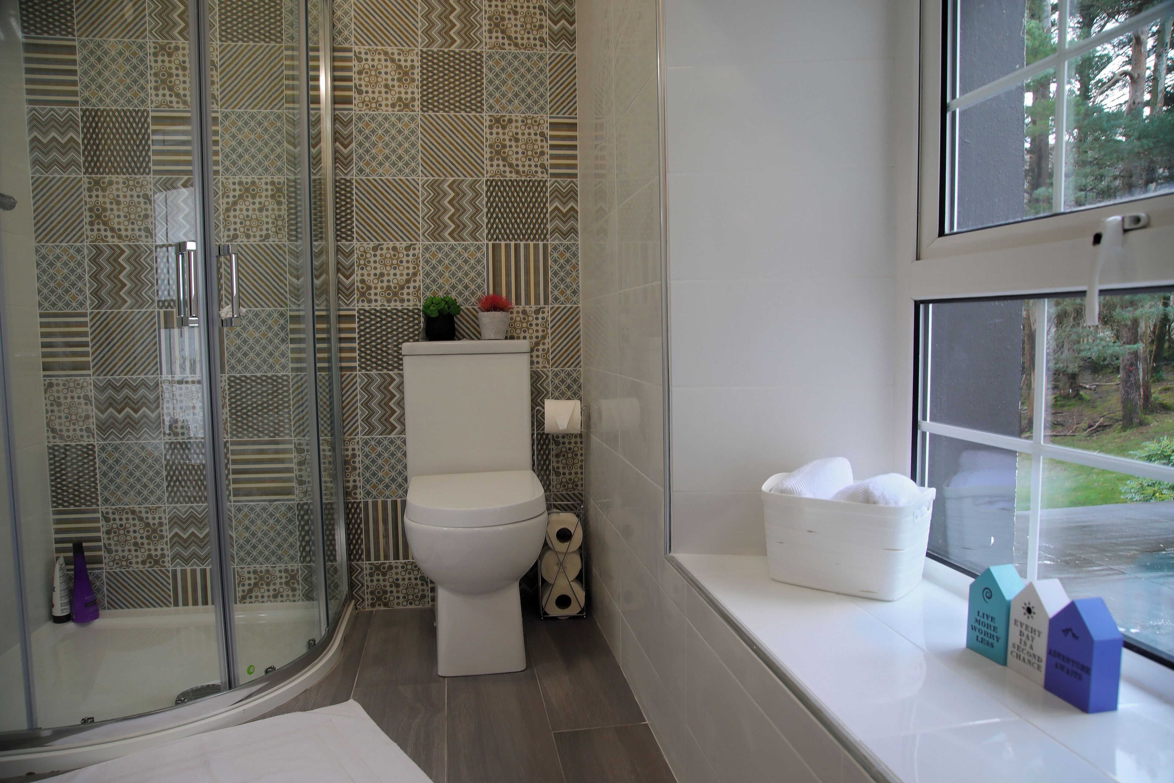 Hair dryer, towels, soap, shampoo
