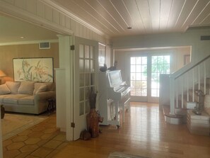 Smart TV, fireplace, books, music library