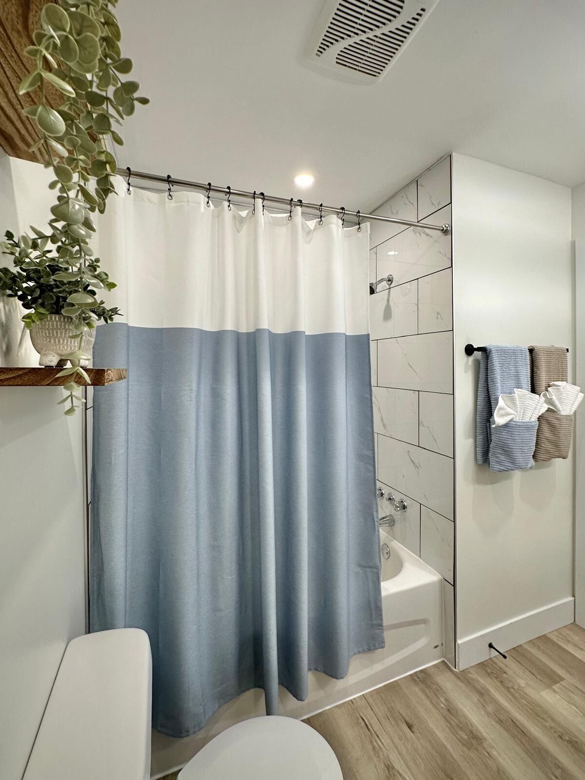Hair dryer, towels, soap, shampoo