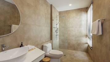 Shower, hair dryer, bidet, towels