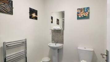 A bathroom with a white sink, a toilet, a towel rack, and a mirror.