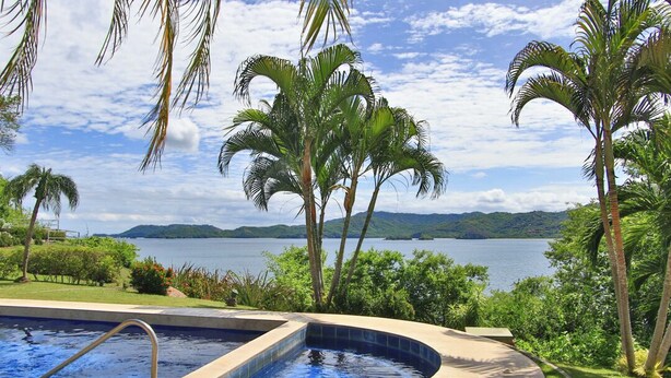 A swimming pool with a curved edge, surrounded by palm trees and greenery, overlooking a body of water and distant hills. - Flamingo Marina Penthouse Condo (Playa Flamingo)