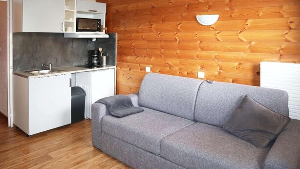 A compact living space with a kitchenette, grey sofa, and wooden wall paneling. - 100m from resort center, 4th floor, tv, ski locker, 20m², Les Orres (Les Orres)