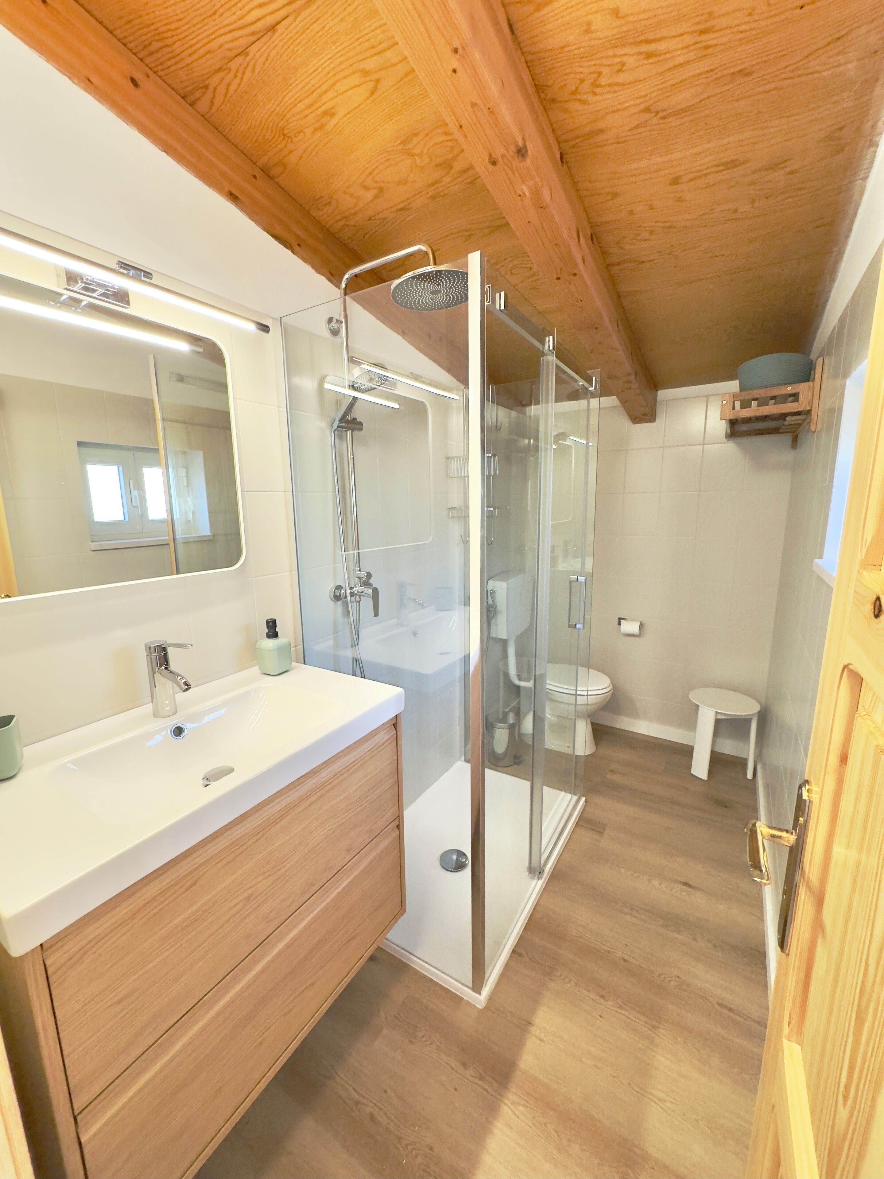 A modern bathroom with a wooden ceiling, a glass-enclosed shower, a sink with a mirror, and a toilet.