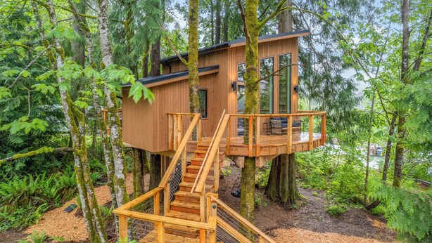 A treehouse with a wooden exterior, a staircase leading up to it, and a deck with seating. - Tree House- Two bedroom plus loft- sustainable living! (Bellingham)