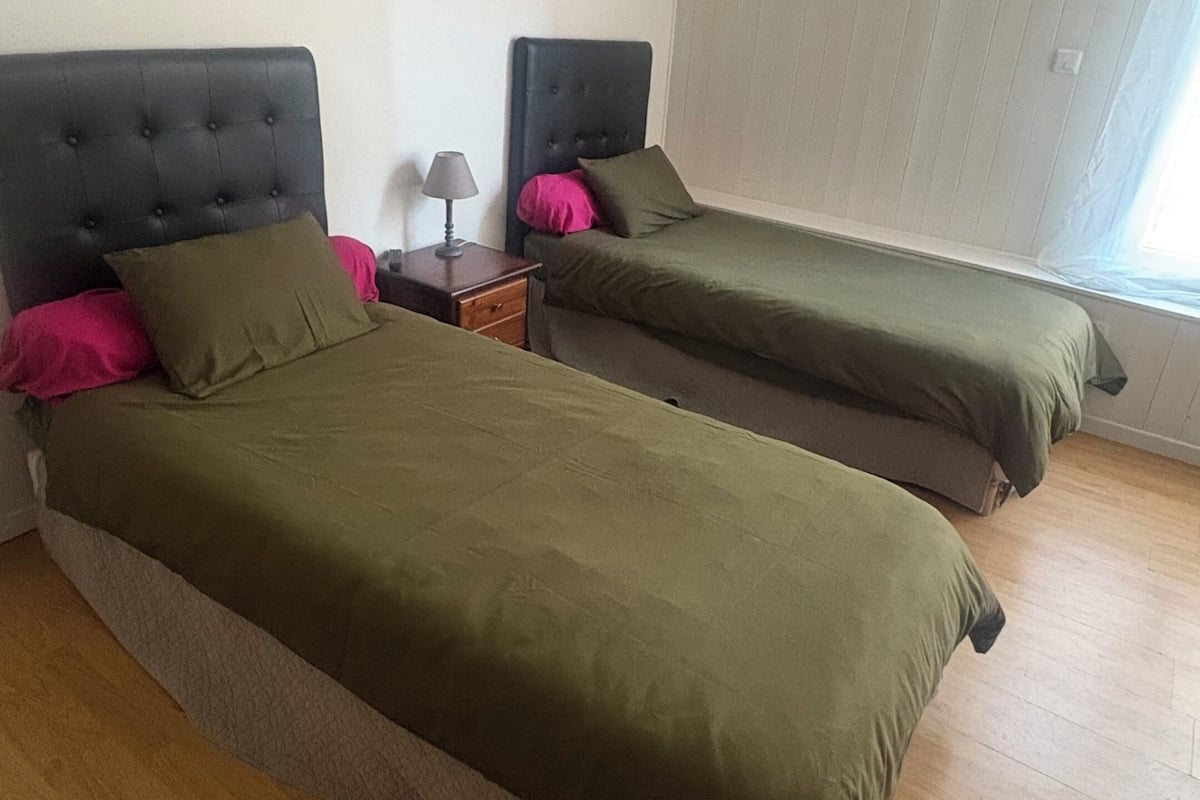 Duas camas de solteiro com roupa de cama verde, uma mesa de cabeceira com abajur e uma janela com persianas.