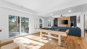 Smart TV, fireplace, video games, music library