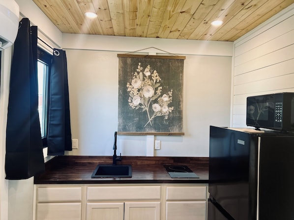 Kühlschrank, Mikrowelle, Herdplatte, Wasserkocher mit Kaffee-/Teezubehör