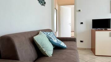 Ein braunes Sofa mit einem Kissen in Türkis und Blau, ein Fernseher auf einem Holzschrank und ein an der Wand befestigtes Dekorationsobjekt.