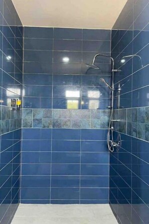 Shower, towels, soap, toilet paper