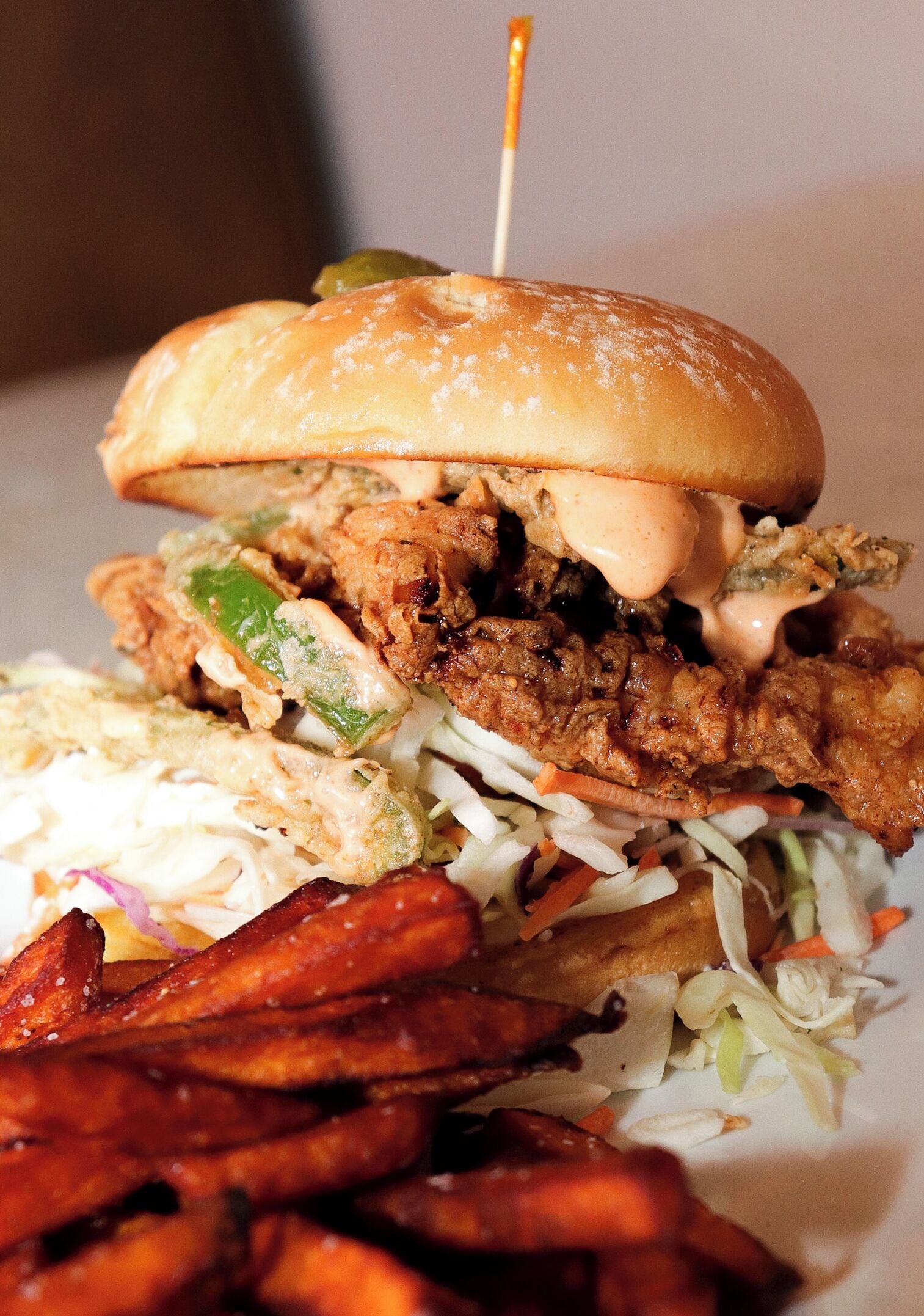 A close-up of a fried chicken sandwich with a side of fries and coleslaw.