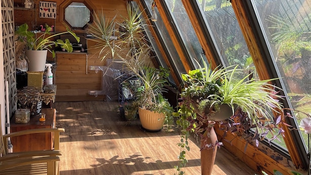 A cozy, wooden interior with a sloped ceiling, large windows, and various potted plants. - Un Lugar Para Compartir en Familia (Allentown)
