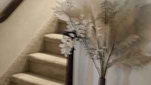A staircase with a beige carpet and a vase with dried flowers. - Un Lugar Para Compartir en Familia (Allentown)