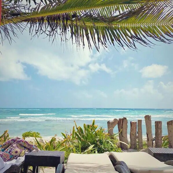 A beach view with a wooden fence, lounge chairs, and a palm tree.