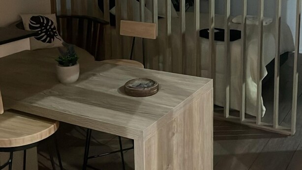 A modern dining area with a wooden table and chairs, a decorative bowl, and a plant.