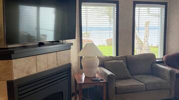 TV connectée, cheminée, livres