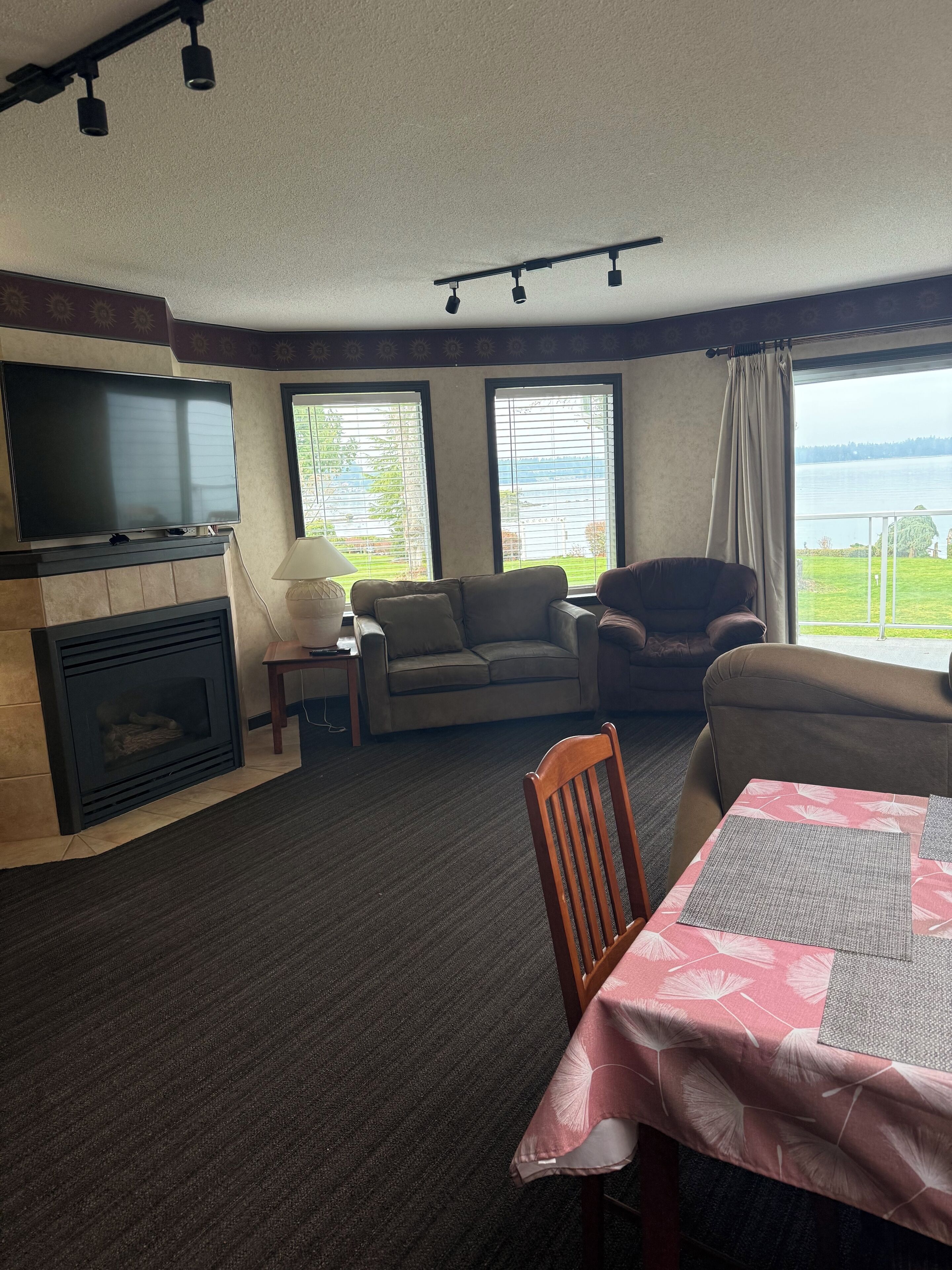 TV connectée, cheminée, livres