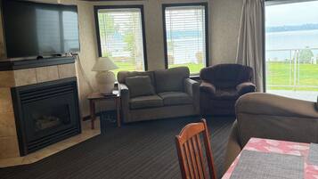 TV connectée, cheminée, livres