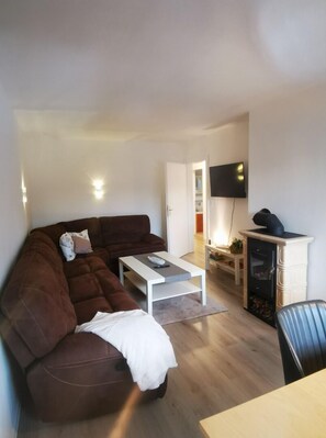 Smart TV, chimenea y libros 