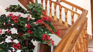 A wooden staircase with a decorative plant featuring red berries.