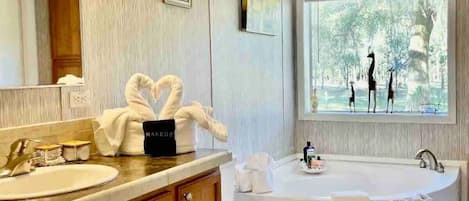 Hair dryer, towels, soap, shampoo