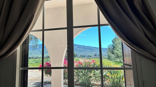 A window with a view of a garden and mountains. - Casa Luna Viñedo (Valle de Guadalupe)