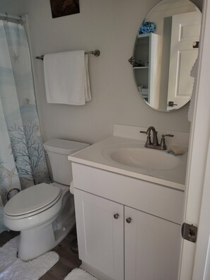 Ein Badezimmer mit Toilette, Waschbecken und Spiegel.