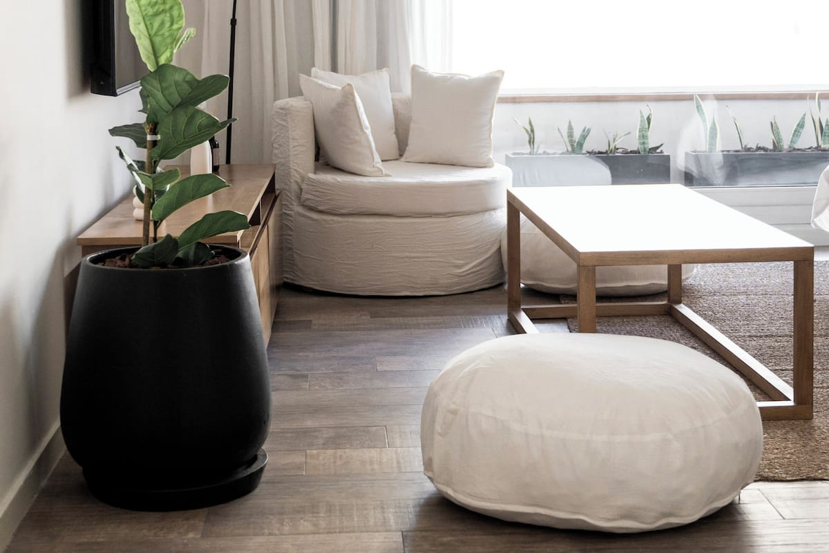 A modern living room with a wooden floor, a white sofa, a small table, a black floor lamp, and a potted plant.