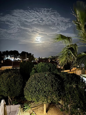 A nighttime view of a residential area with a prominent tree in the foreground, a clear sky with clouds, and distant buildings. - Casa Serendipity, Beautifully Renovated Villa with Private Pool in Moraira. (Moraira)