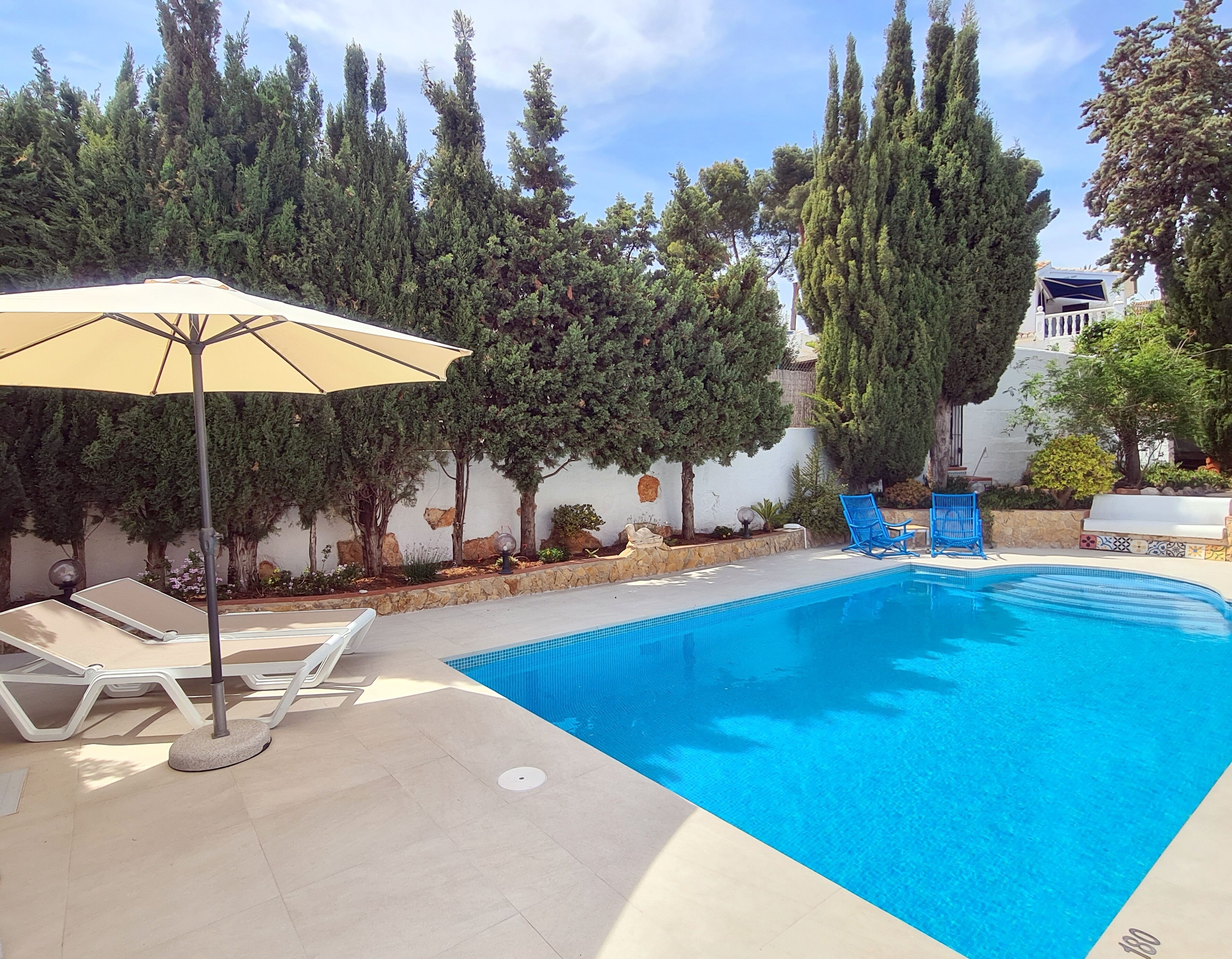 A swimming pool with lounge chairs and an umbrella, surrounded by tall trees and a white wall.