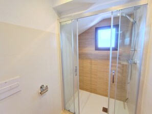 Shower, hair dryer, towels, toilet paper