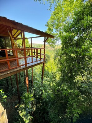 Una terraza de madera con vista a un paisaje verde exuberante.