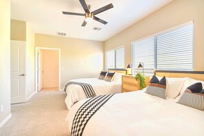 4 bedrooms, desk, iron/ironing board, travel cot