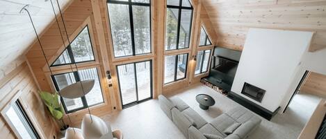 Smart TV, fireplace, table football, books