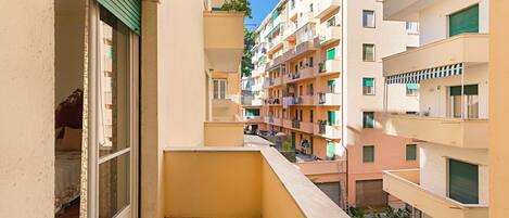 A narrow balcony with a view of adjacent buildings, a door leading to a room, and a small outdoor area with a plant.