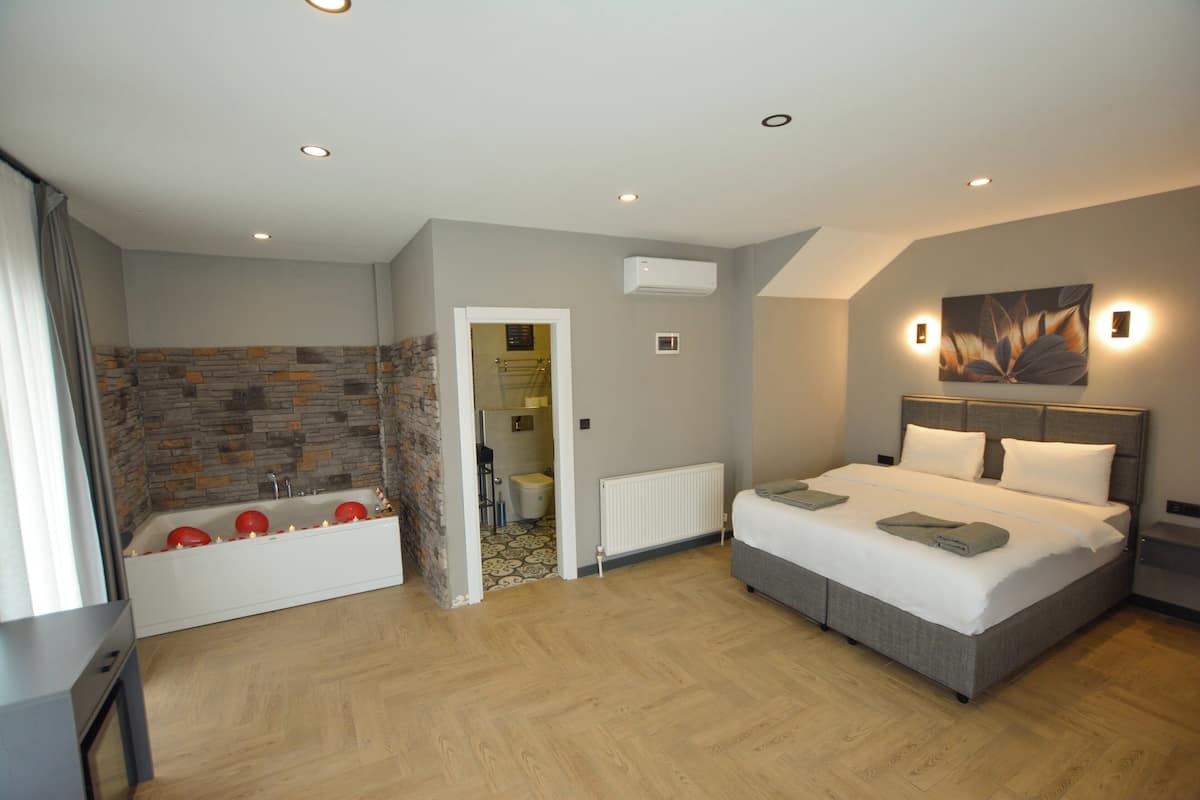 A modern bedroom with a large bed, a built-in bathtub, and a shower area.