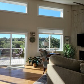 Smart-tv, eldstad och böcker