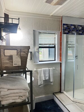 Regadera, secadora de cabello, toallas, jabón 