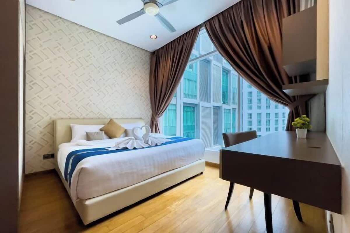 2 bedrooms, desk, laptop workspace, iron/ironing board