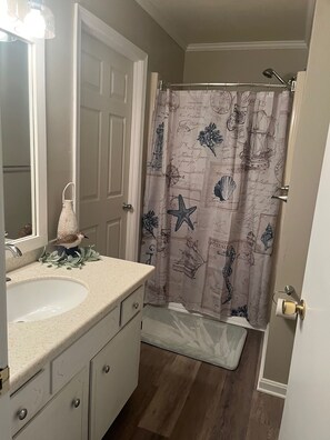 Ducha, secador de pelo, toallas, shampoo