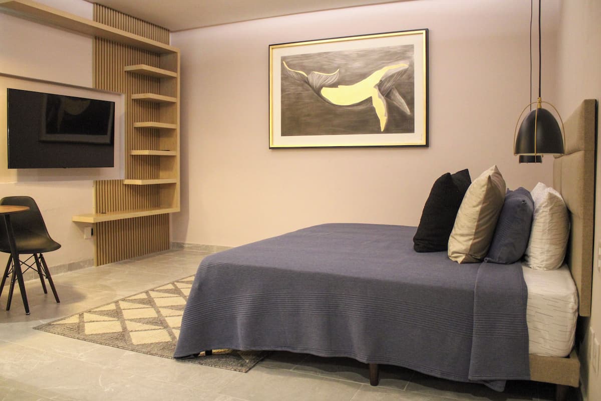 Ein modernes Schlafzimmer mit Bett, Fernseher, Bücherregal und einem gerahmten Bild an der Wand.