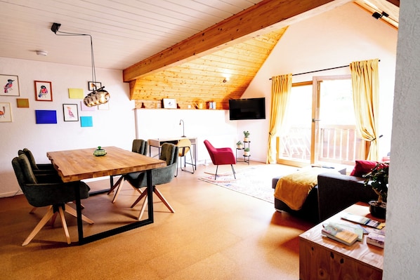 Smart TV, fireplace, books