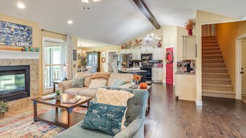 Smart TV, fireplace, DVD player, books